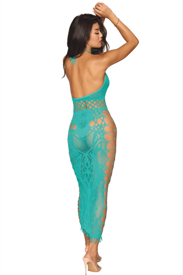 Robe longue résille turquoise